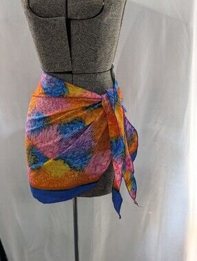 Multicolor Tie-Side Swim Sarong Wrap - Vibrant Blue, Pink & Orange